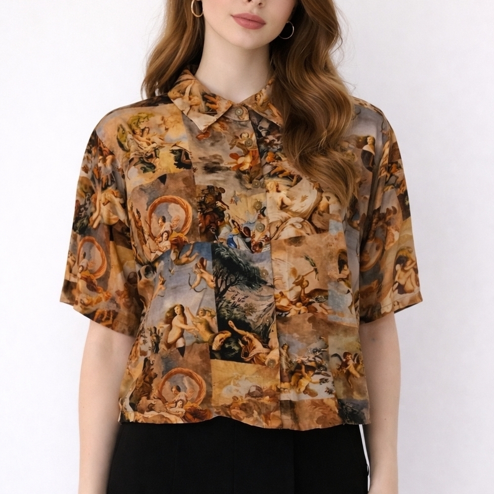 FOREVER 21 Renaissance Romantic Cherub Graphic Button Down Short Sleeve Shirt